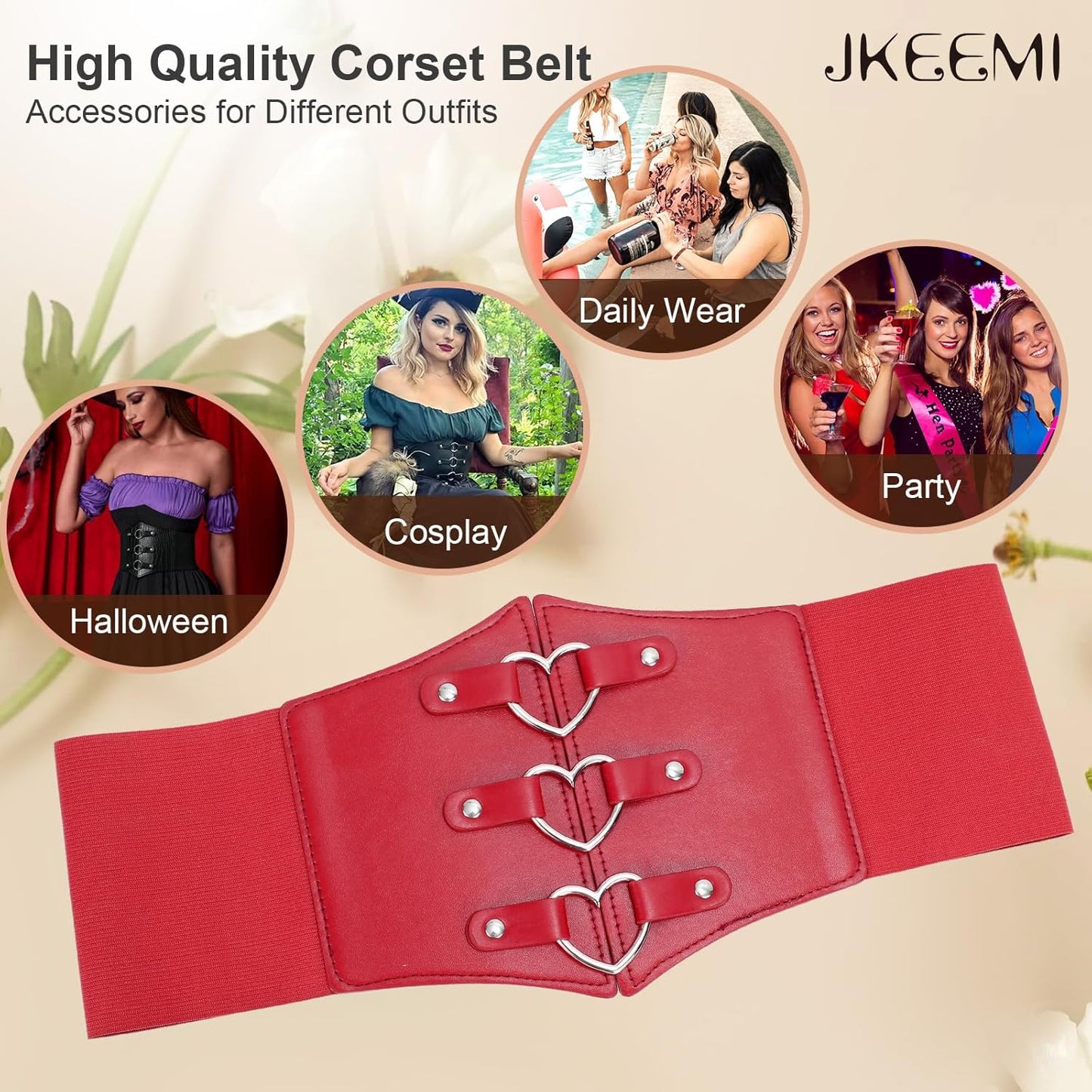 Women Corset Belt Metal O-Ring Heart-Ring Wide Elastic Waspie Waist Belt for Daily Cosplay Halloween Costumes