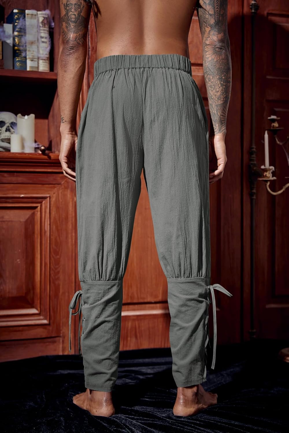 Runcati Mens Medieval Ankle Pants Renaissance Viking Pirate Lace Up Tapered Halloween Linen Costume Trousers