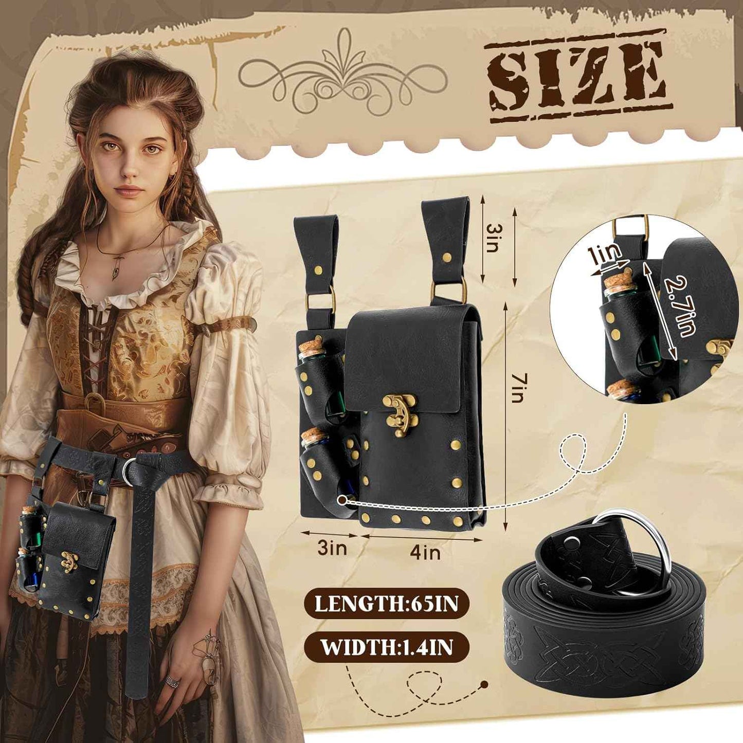 Geyoga Renaissance Belt Pouch with Potion Bottles Halloween Medieval Costume Accessories Waist Bag Cosplay