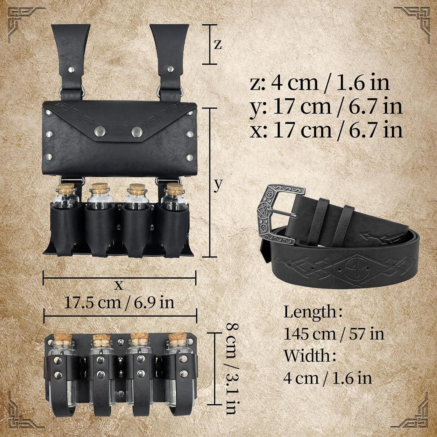Medieval Alchemy Belt Waist Pack Combo with Multiple Potion Bottles, Viking Rivet Belt Side Pouch for Cosplay