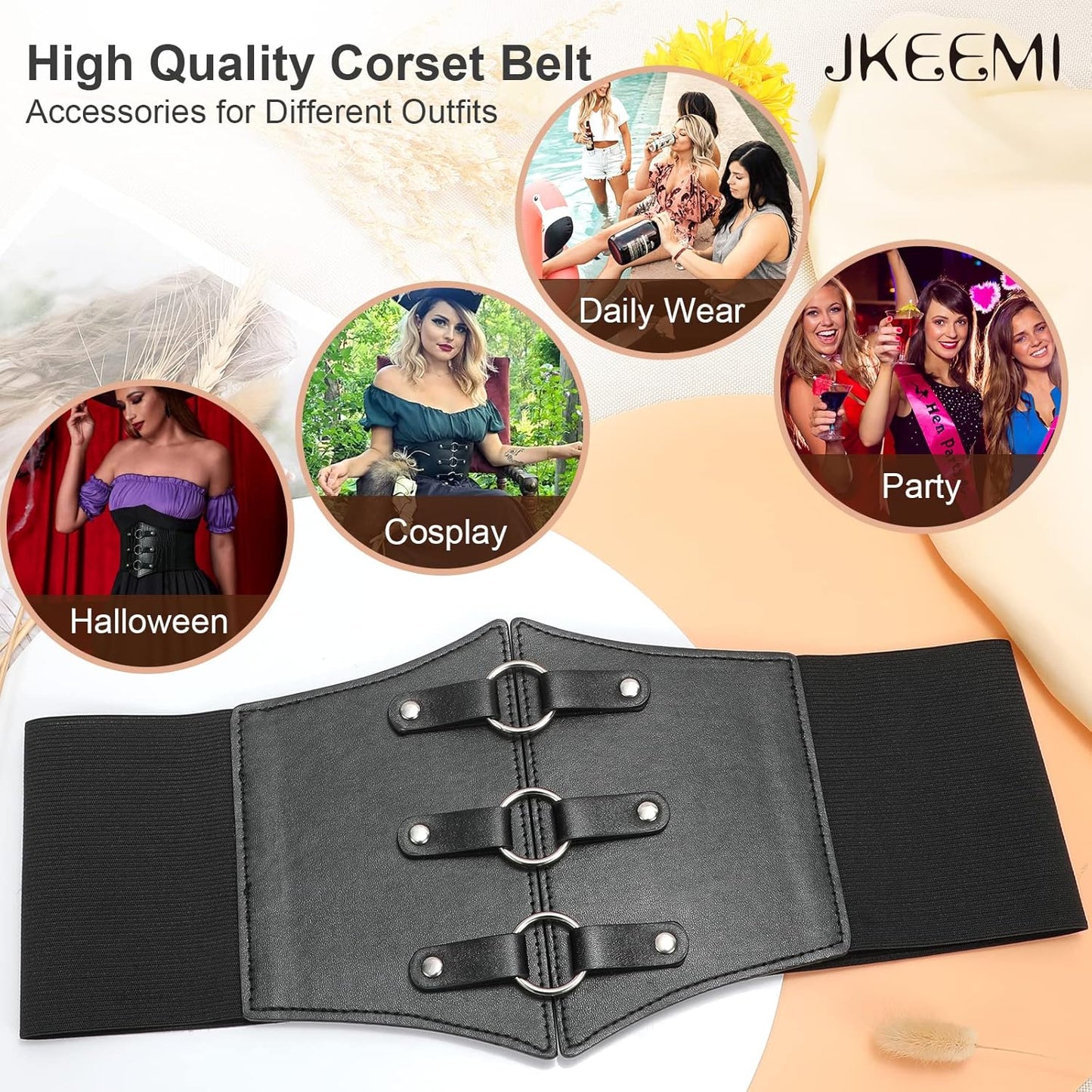 Women Corset Belt Metal O-Ring Heart-Ring Wide Elastic Waspie Waist Belt for Daily Cosplay Halloween Costumes