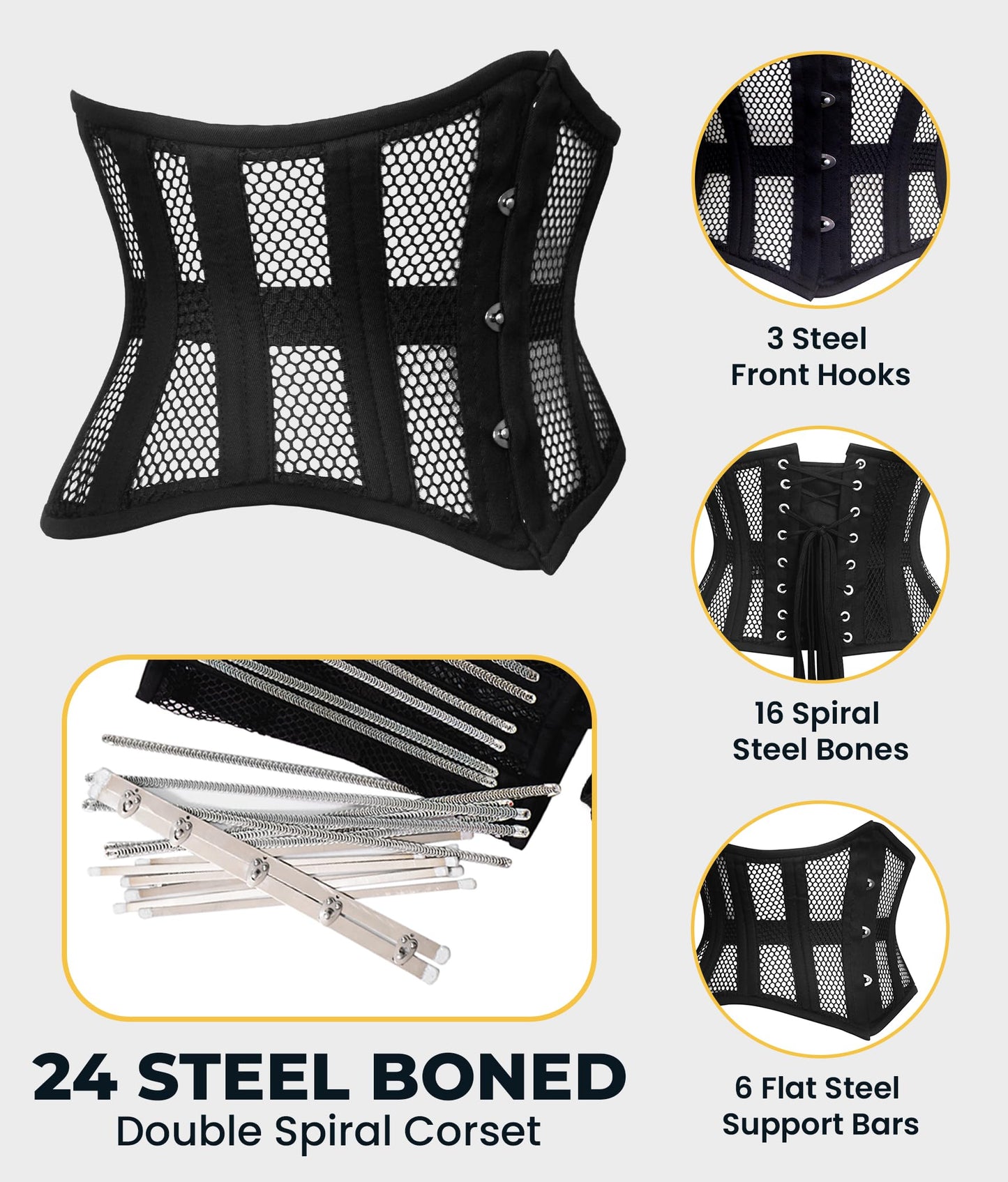 SLIMX Black Corset Underbust Long Torso Steel Boned Waist Trainer for Women Plus Size Heavy Duty Open Cup Corset Hourglass
