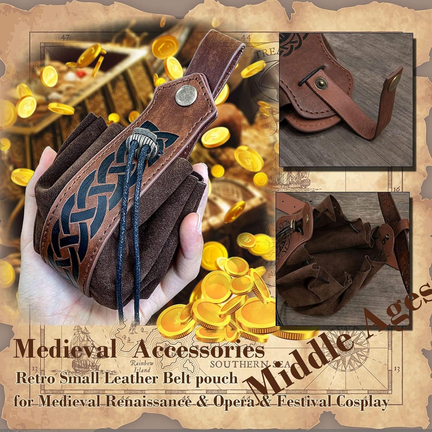 Belt Pouch Waist Bag Fanny Pack Steampunk Phone Holder Medieval Bag Leather Belt Renaissance Cosplay Costume Accessories (Tri-Black)