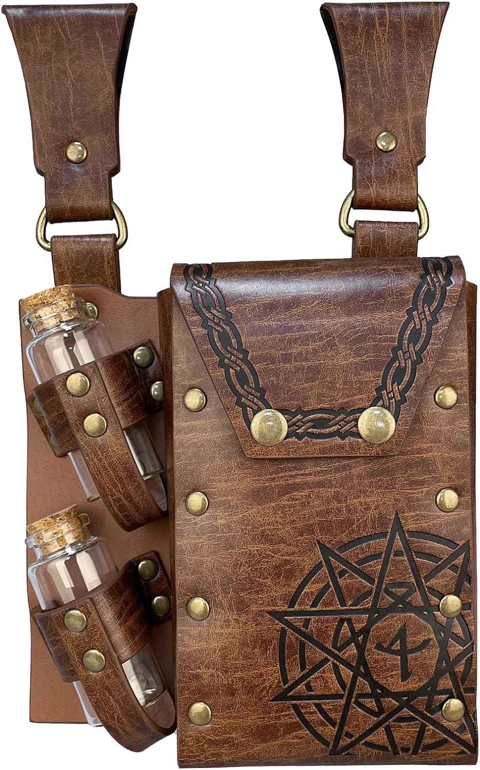 HiiFeuer Medieval Alchemy Faux Leather Belt Bag with 4 Cork Potion Vials, Fantasy Wizard Waist Pouch Side Pack for Ren Faire (Light Brown A)