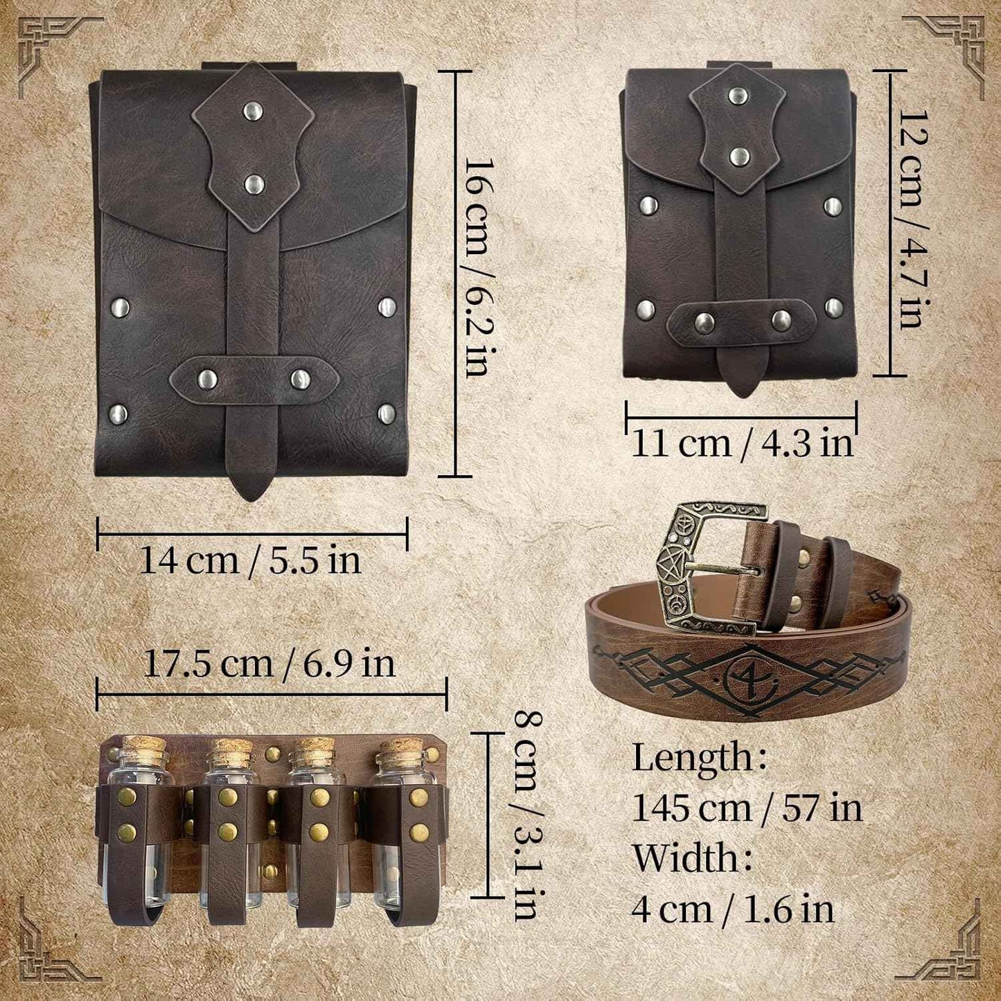 Medieval Alchemy Belt Waist Pack Combo with Multiple Potion Bottles, Viking Rivet Belt Side Pouch for Cosplay