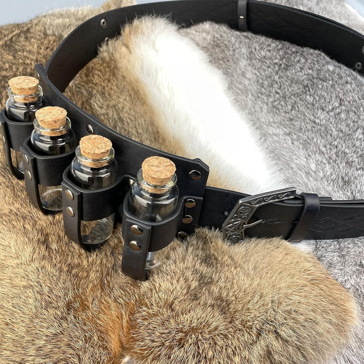 Medieval Alchemy Belt Waist Pack Combo with Multiple Potion Bottles, Viking Rivet Belt Side Pouch for Cosplay