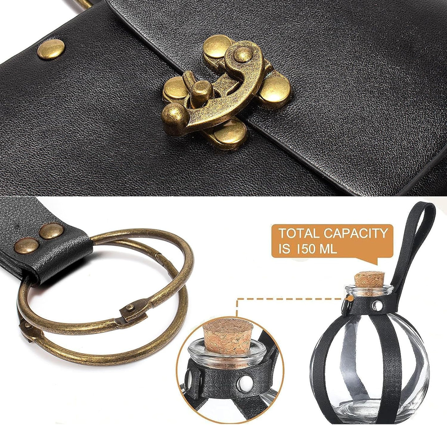 Belt Pouch Waist Bag Fanny Pack Steampunk Phone Holder Medieval Bag Leather Belt Renaissance Cosplay Costume Accessories (Tri-Black)