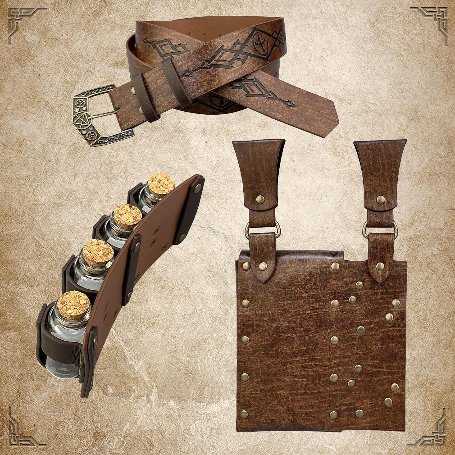 Medieval Alchemy Belt Waist Pack Combo with Multiple Potion Bottles, Viking Rivet Belt Side Pouch for Cosplay