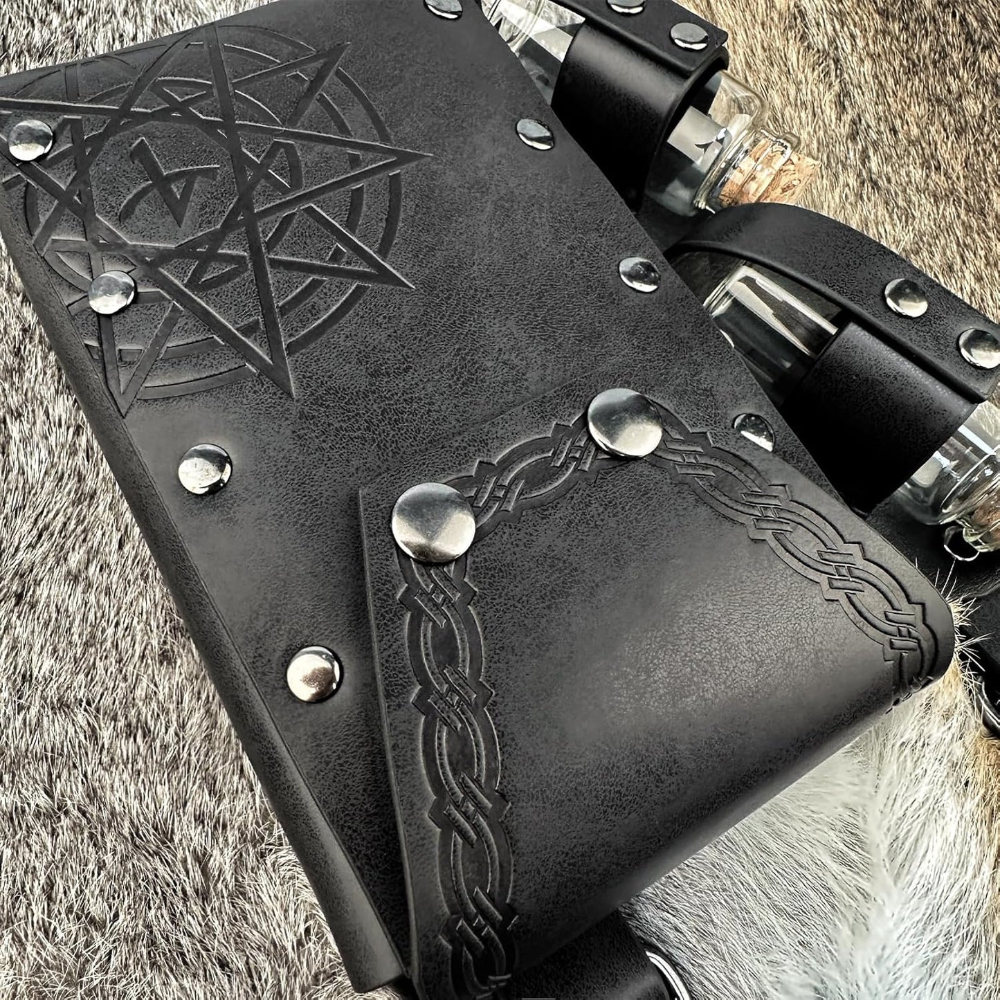 HiiFeuer Medieval Alchemy Faux Leather Belt Bag with 4 Cork Potion Vials, Fantasy Wizard Waist Pouch Side Pack for Ren Faire (Light Brown A)