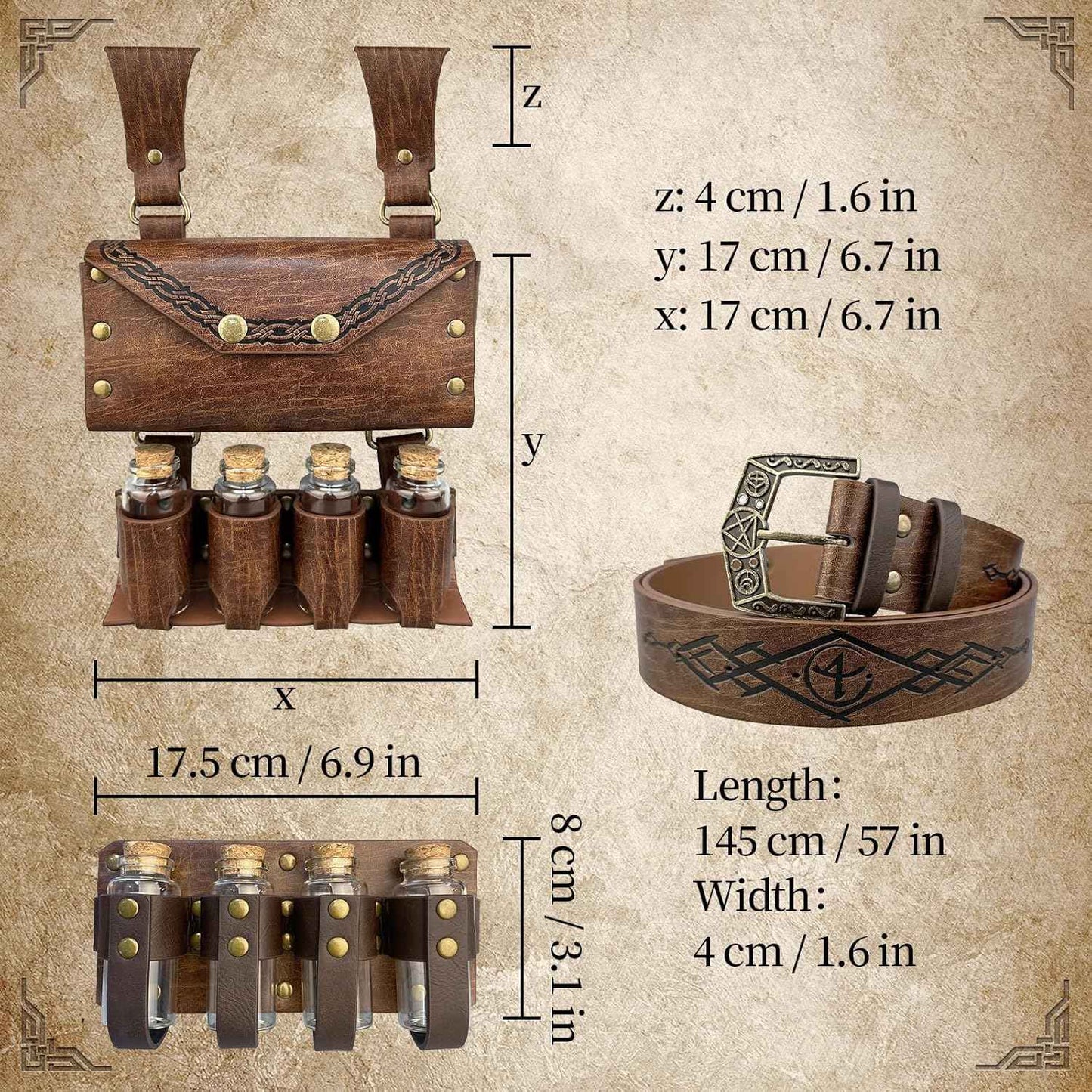 Medieval Alchemy Belt Waist Pack Combo with Multiple Potion Bottles, Viking Rivet Belt Side Pouch for Cosplay