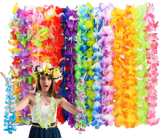 24pcs Leis for Luau Party, Hawaiian Leis Bulk Decorations Silk Flower Necklace, Colorful Tropical Hawaiian Bulk Hula Dance Party Decor, Flower Leis Summer Beach Pool Party Decorations Favors Supplies