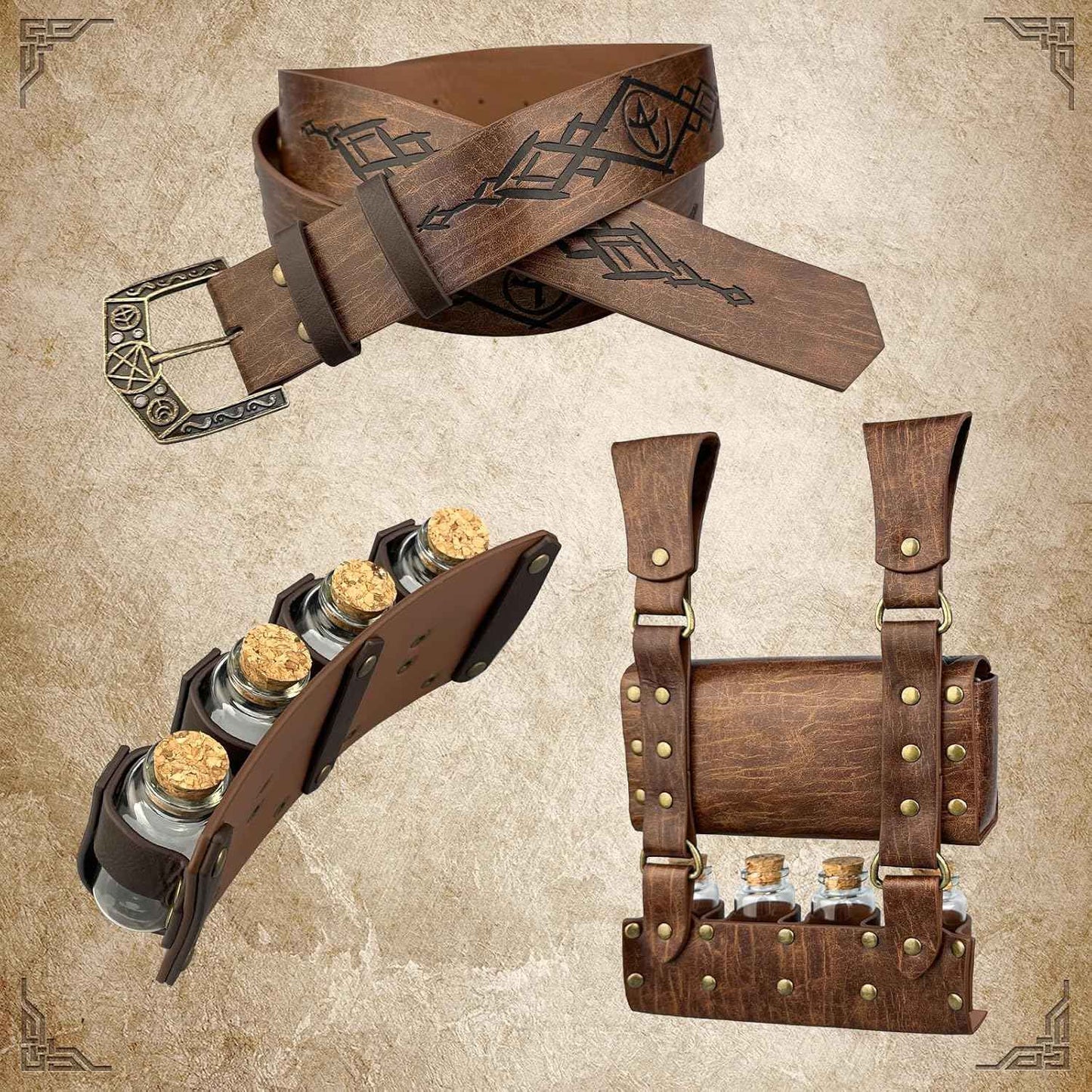 Medieval Alchemy Belt Waist Pack Combo with Multiple Potion Bottles, Viking Rivet Belt Side Pouch for Cosplay
