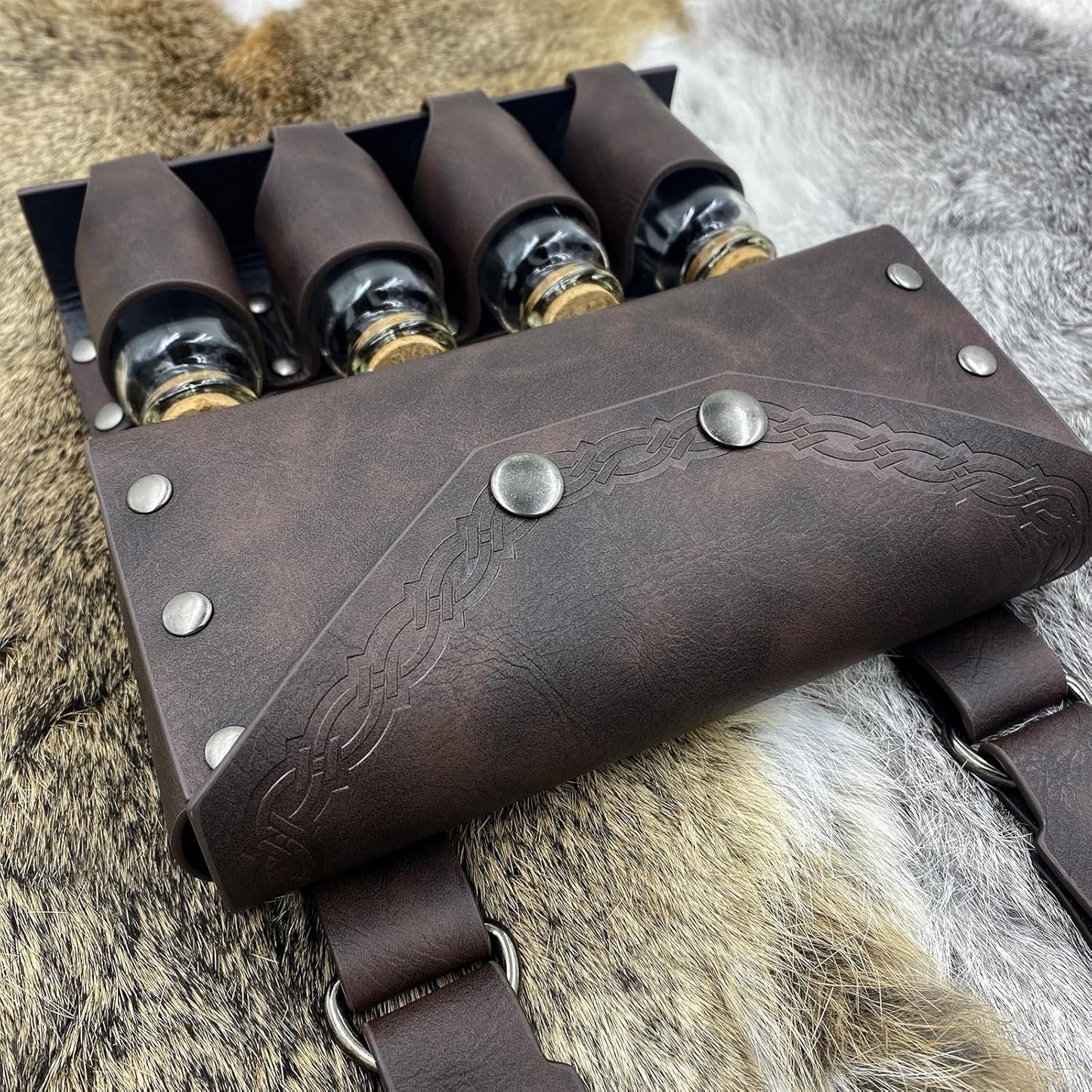 HiiFeuer Medieval Alchemy Faux Leather Belt Bag with 4 Cork Potion Vials, Fantasy Wizard Waist Pouch Side Pack for Ren Faire (Light Brown A)