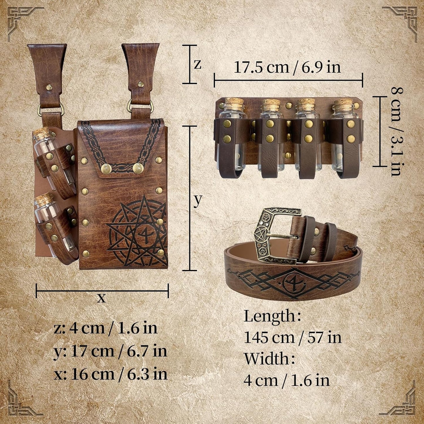 Medieval Alchemy Belt Waist Pack Combo with Multiple Potion Bottles, Viking Rivet Belt Side Pouch for Cosplay