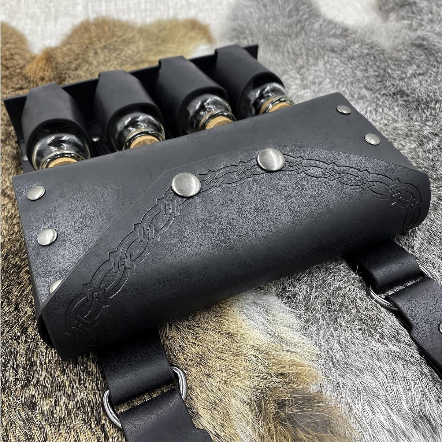Medieval Alchemy Belt Waist Pack Combo with Multiple Potion Bottles, Viking Rivet Belt Side Pouch for Cosplay