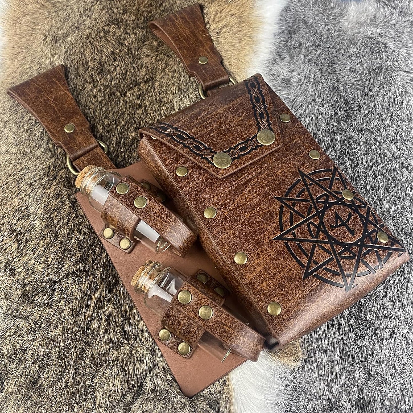 HiiFeuer Medieval Alchemy Faux Leather Belt Bag with 4 Cork Potion Vials, Fantasy Wizard Waist Pouch Side Pack for Ren Faire (Light Brown A)