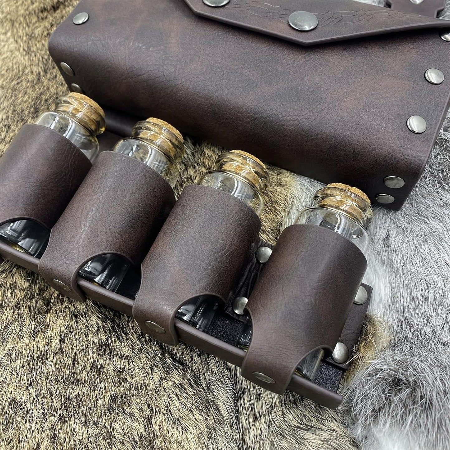 HiiFeuer Medieval Alchemy Faux Leather Belt Bag with 4 Cork Potion Vials, Fantasy Wizard Waist Pouch Side Pack for Ren Faire (Light Brown A)