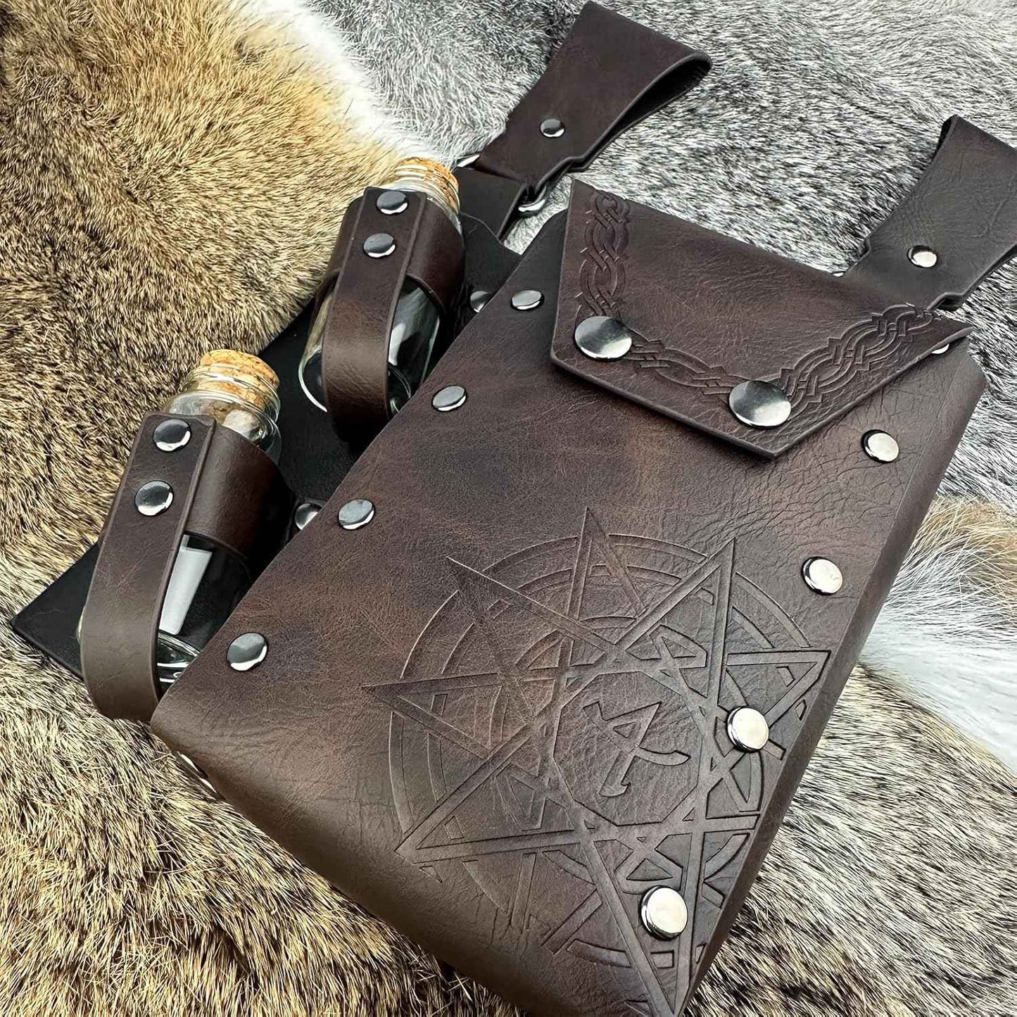 HiiFeuer Medieval Alchemy Faux Leather Belt Bag with 4 Cork Potion Vials, Fantasy Wizard Waist Pouch Side Pack for Ren Faire (Light Brown A)