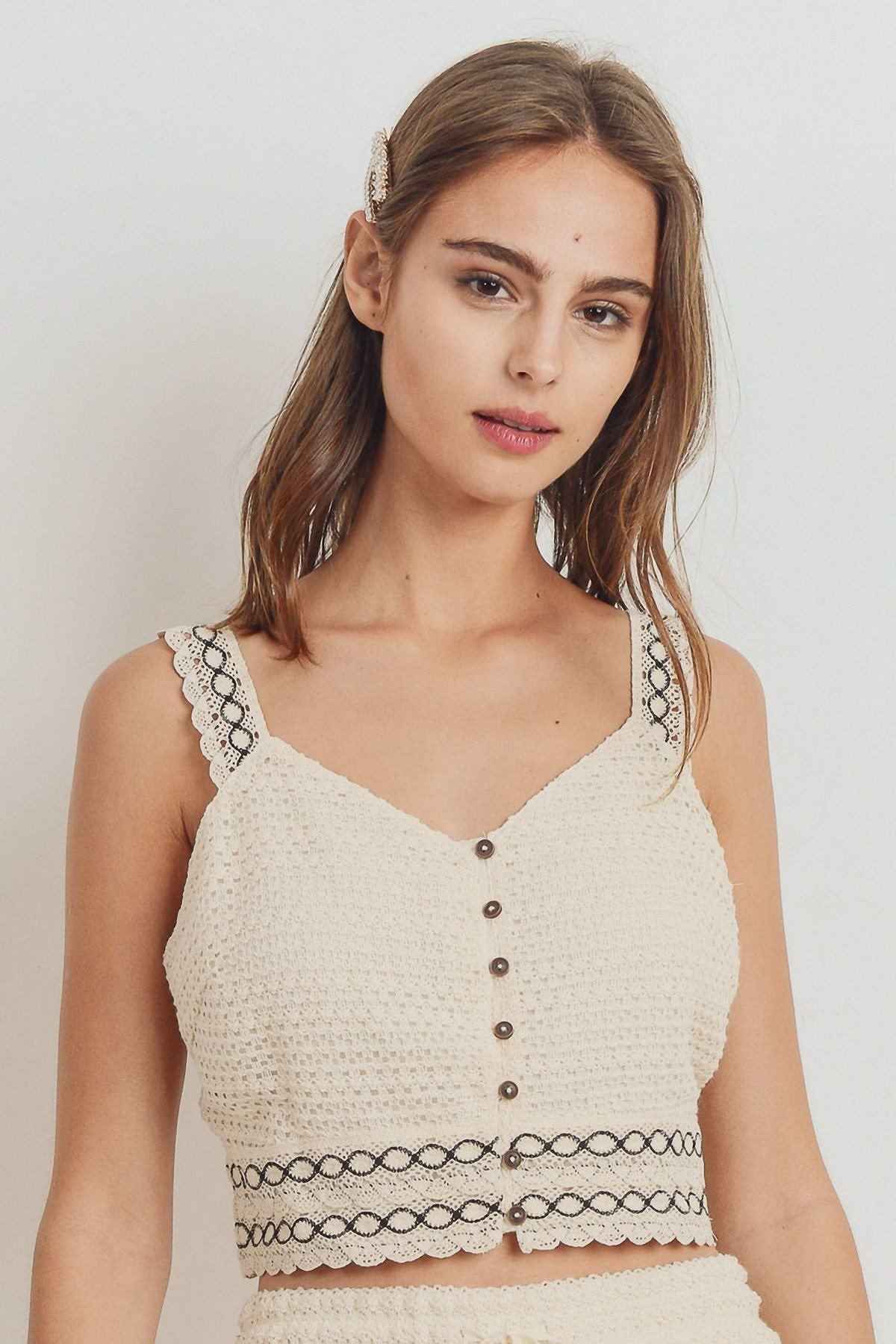 Sale - Knit Laced Buttoned Shoulder Strap Top – On Sale Now