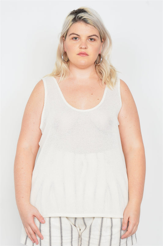 Plus Size Sheer Ivory Ribbed Causal Tank Top – Stylish & Comfortable – men’s fashion, stylish and versatile
