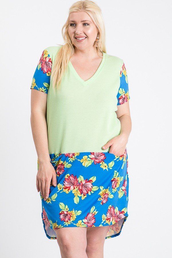 Plus Size Short Sleeve Floral Blocked Midi Dress With Front Pocket β Stylish & Comfortable β menβs fashion, stylish and versatile