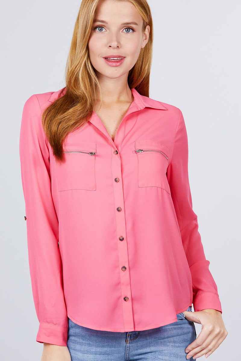 Sale - 3/4 Roll Up Sleeve Pocket W/zipper Detail Woven Blouse – On Sale Now