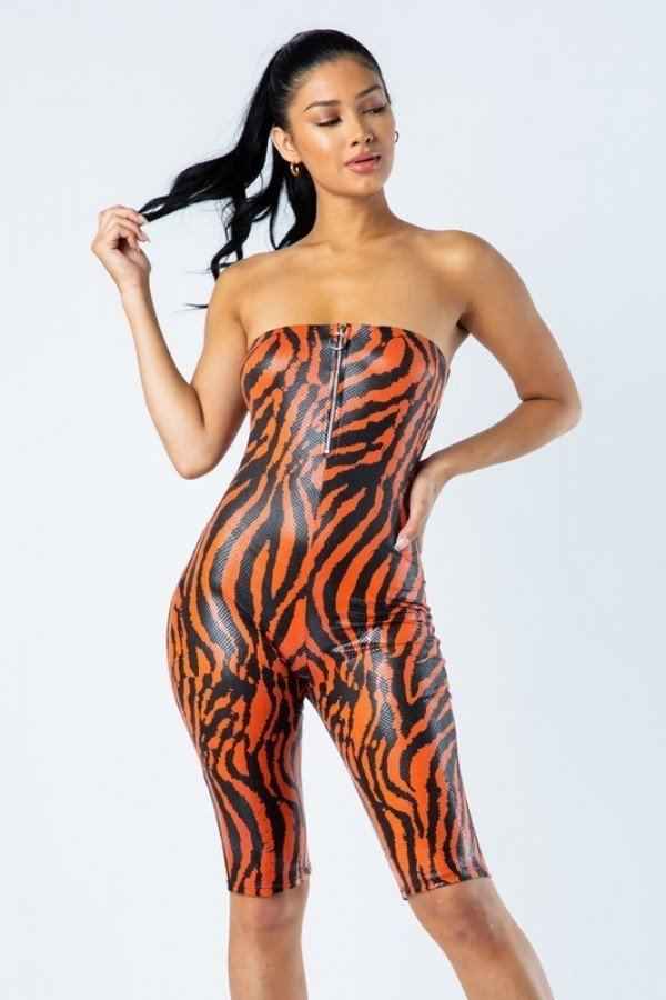 Zebra Print Tube Romper With Front O Ring Zipper Detail – black, fashion, women style