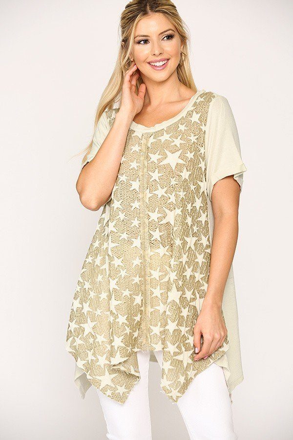 Sale - Star Textured Knit Mixed Tunic Top With Shark Bite Hem – On Sale Now