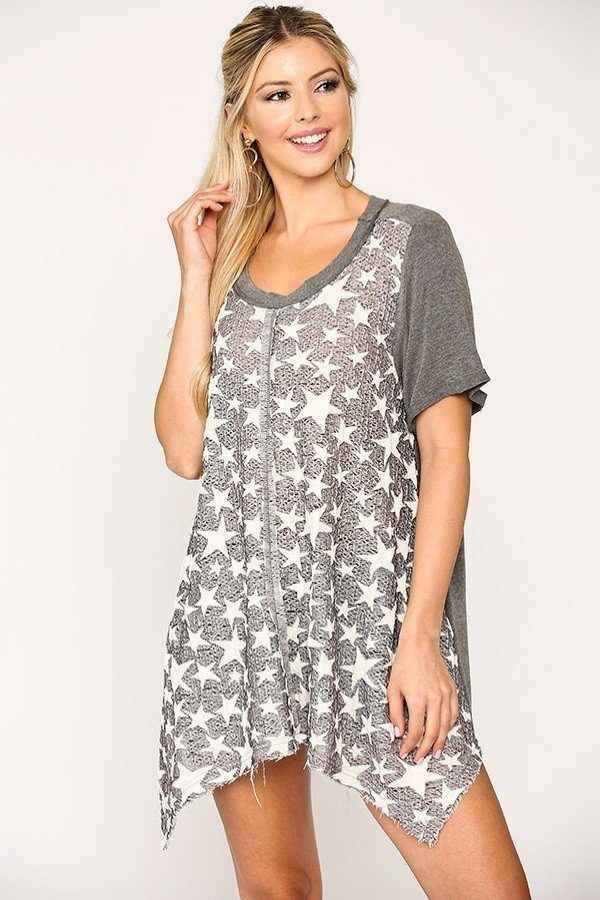 Sale - Star Textured Knit Mixed Tunic Top With Shark Bite Hem – On Sale Now