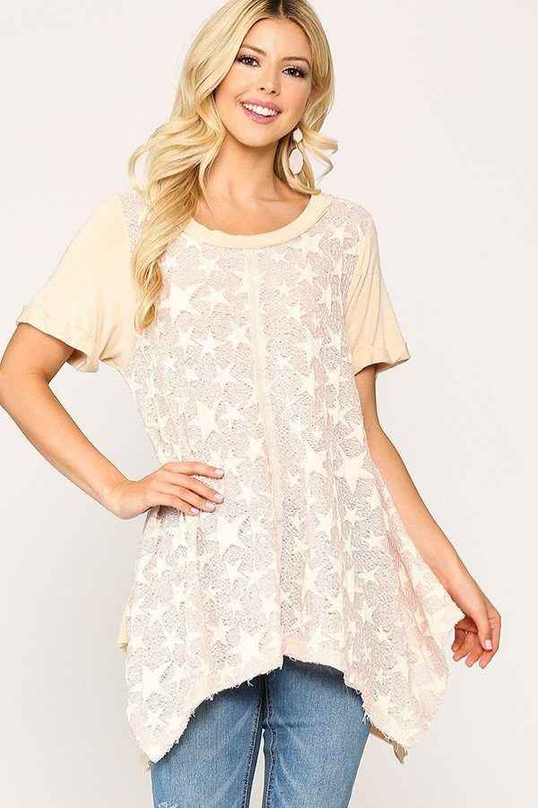 Sale - Star Textured Knit Mixed Tunic Top With Shark Bite Hem – On Sale Now