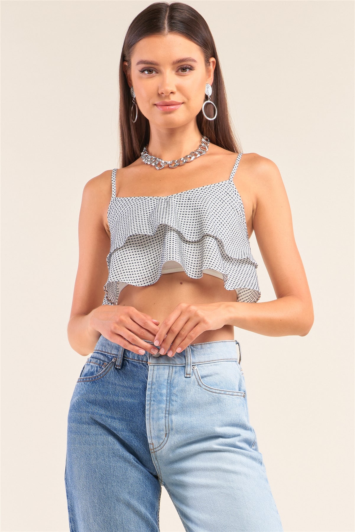 Sale - White And Navy Sleeveless Polka Square Layered Smock Back Cropped Top – On Sale Now