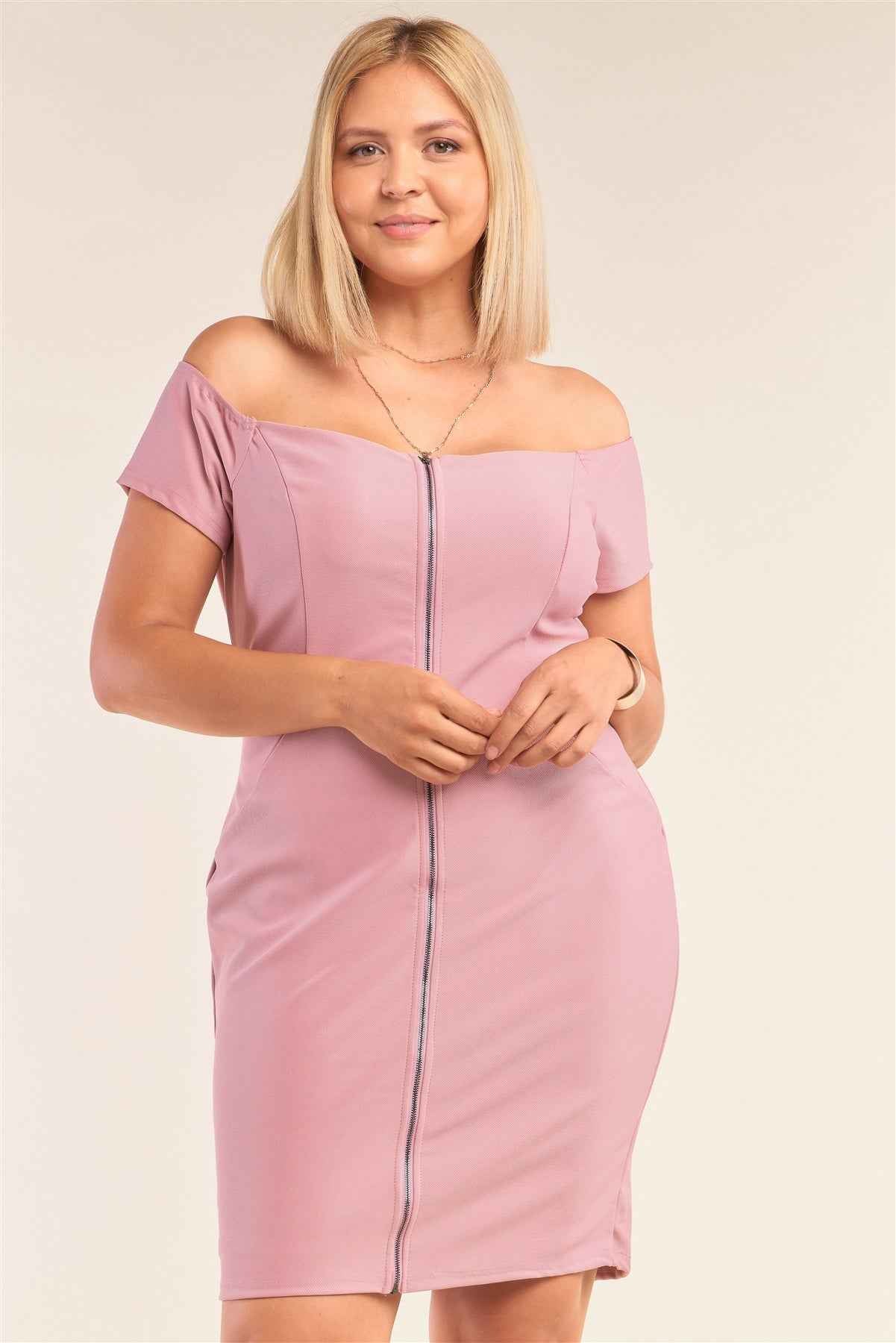 Plus Size Fitted Off-the-shoulder Front Zipper Bodycon Mini Dress β Stylish & Comfortable β menβs fashion, stylish and versatile
