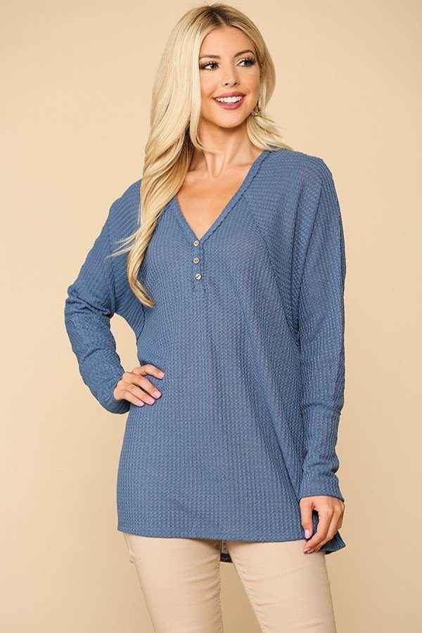 Sale - Waffle Knit And Woven Print Mixed Hi Low Flowy Tunic Top – On Sale Now