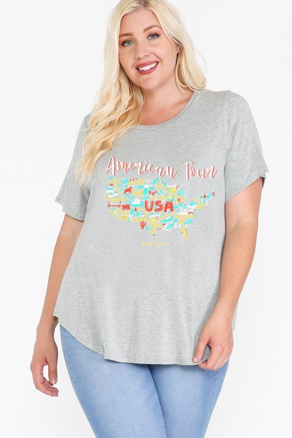 Plus Size Usa Tour Graphic Round Hem Short Sleeve Top โ Stylish & Comfortable โ menโs fashion, stylish and versatile