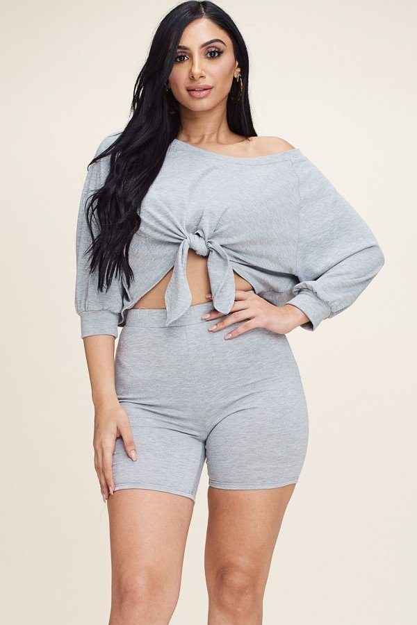 Sale - Solid French Terry Tie Front Off The Shoulder Slouchy Top And Shorts Two Piece Set – On Sale Now