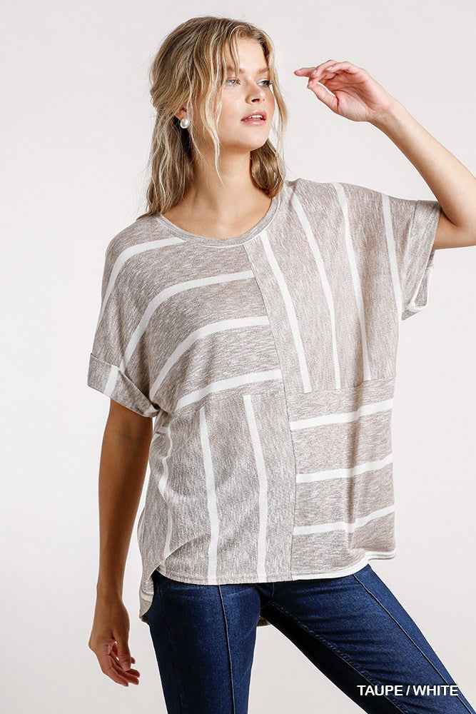 Sale - Horizontal And Vertical Striped Short Folded Sleeve Top With High Low Hem – On Sale Now