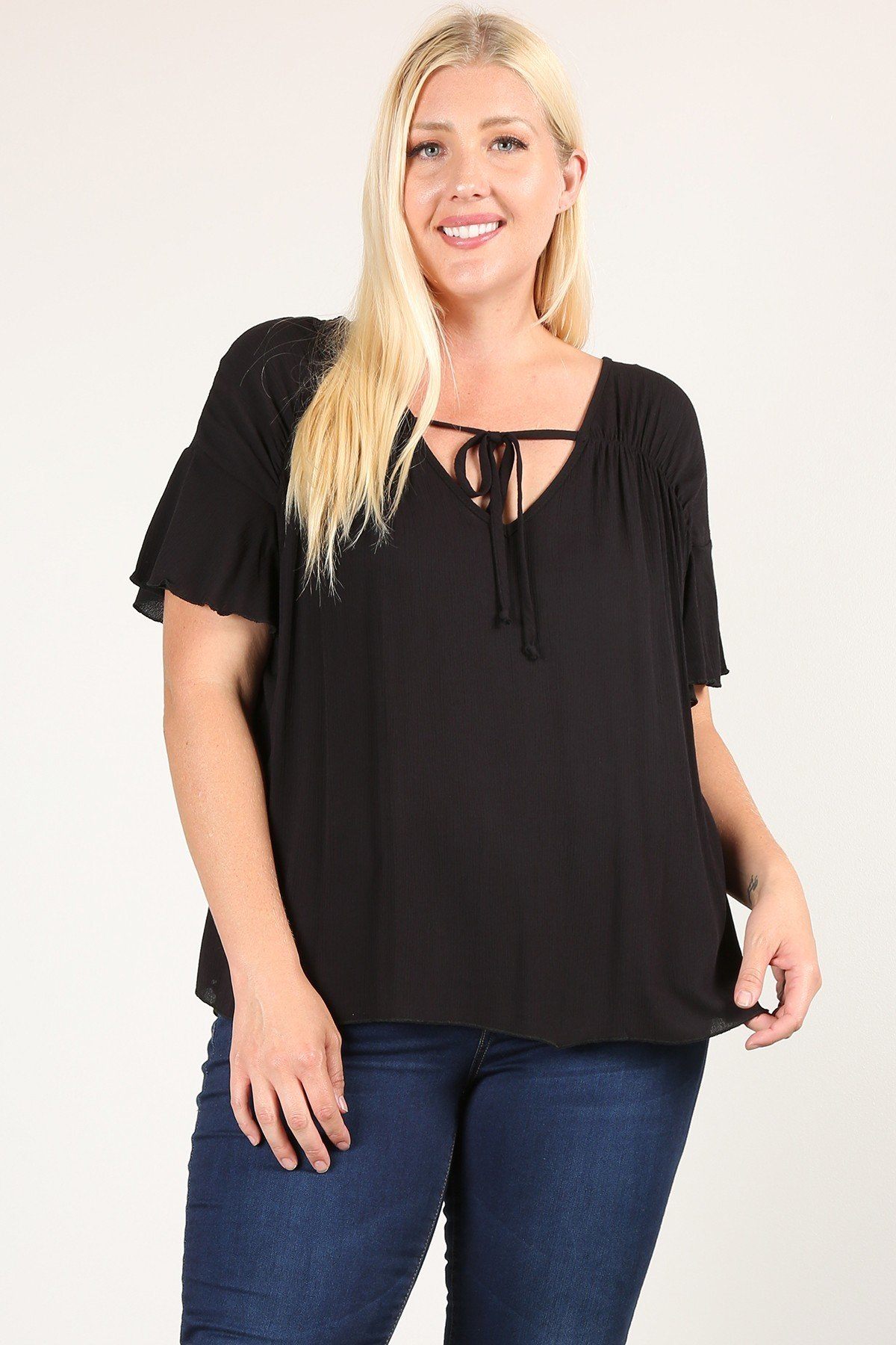 Plus Size Solid Top With A Necktie, Pleated Detail, And Flutter Sleeves β Stylish & Comfortable β menβs fashion, stylish and versatile