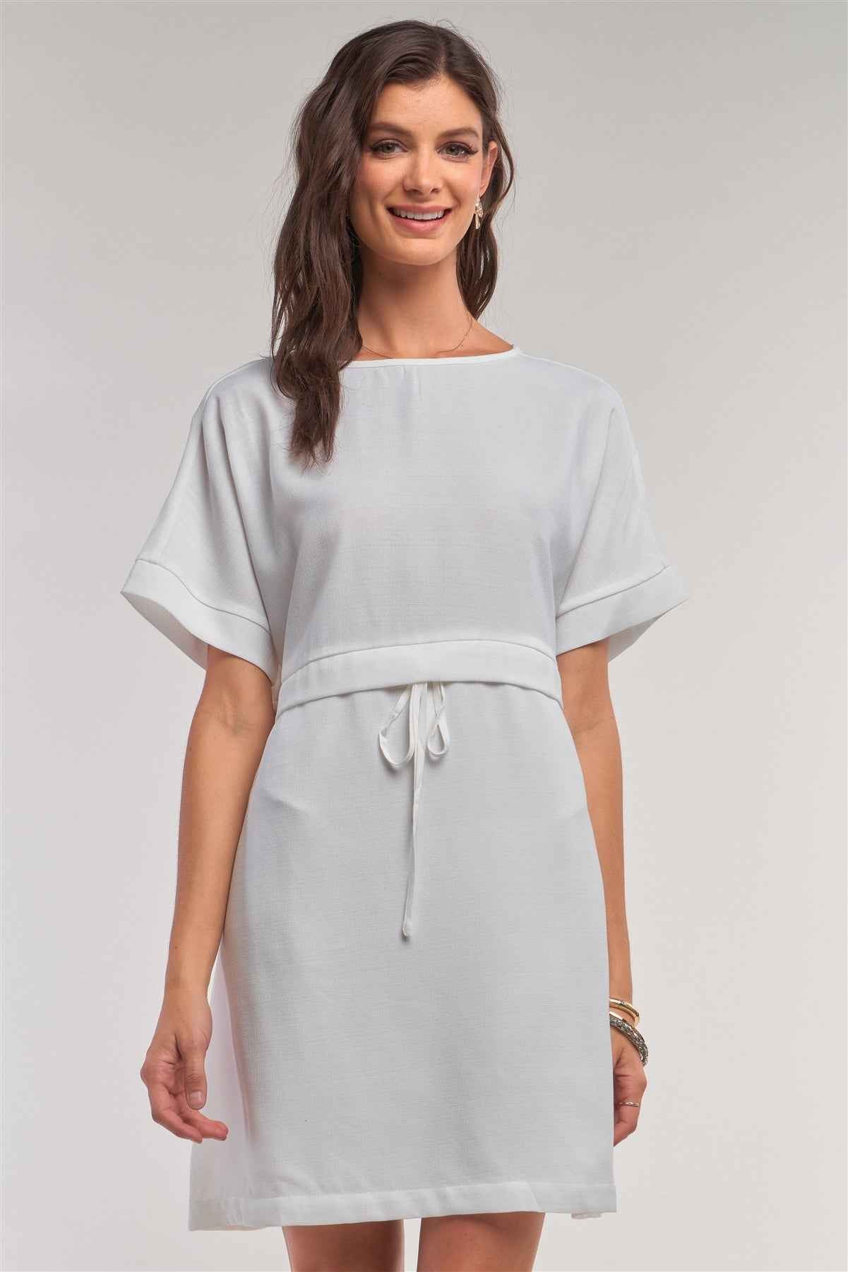 Sale - Off-white Short Sleeve Relaxed Fit Draw String Tie Waist Detail Mini Dress – On Sale Now