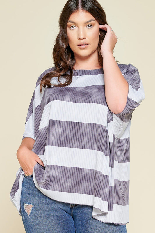 Plus Size Stripe Printed Pleated Blouse Featuring A Boat Neckline And 1/2 Sleeves – Stylish & Comfortable – men’s fashion, stylish and versatile