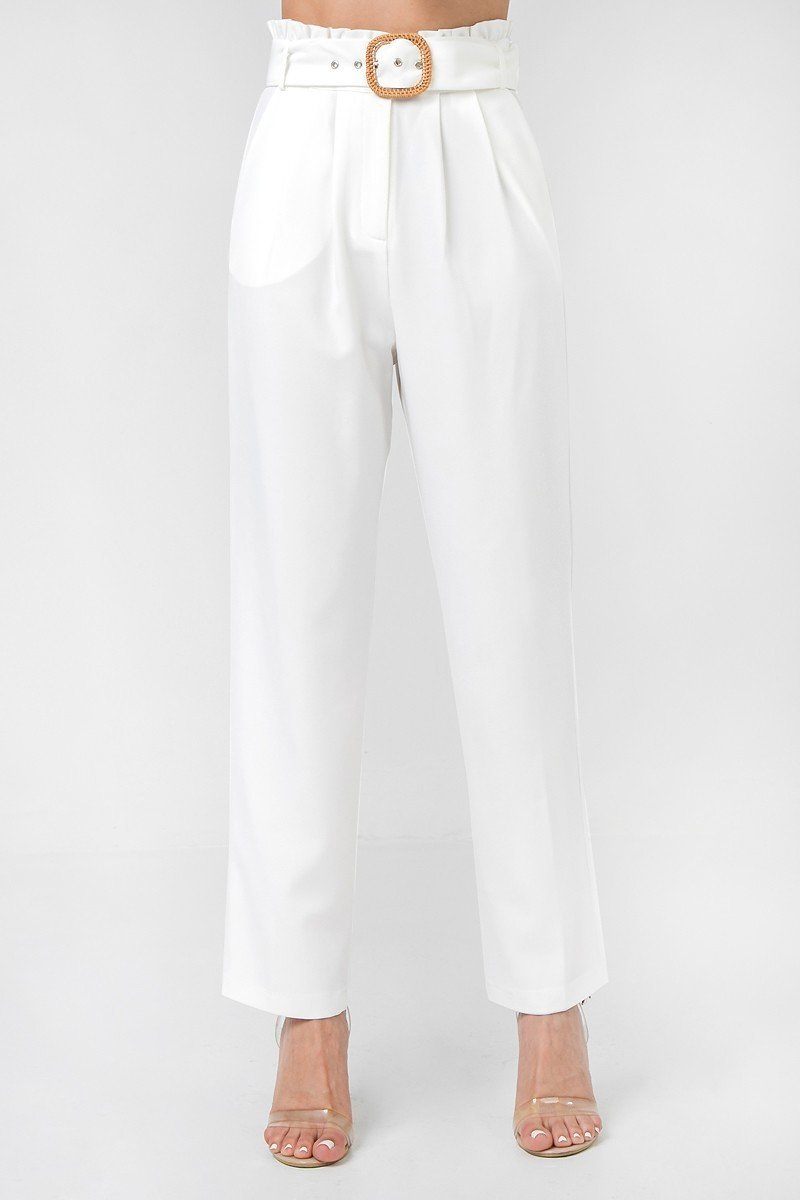 Sale - A Solid Pant Featuring Paperbag Waist With Rattan Buckle Belt – On Sale Now