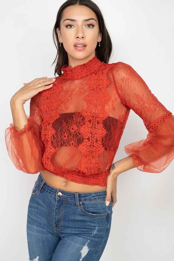 Sale - Lace Trim Balloon Sleeve Smocked Top – On Sale Now