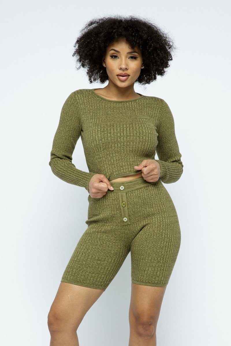 Sale - Knit Long Sleeve Cropped Top Knit High-waist Biker Shorts Set – On Sale Now
