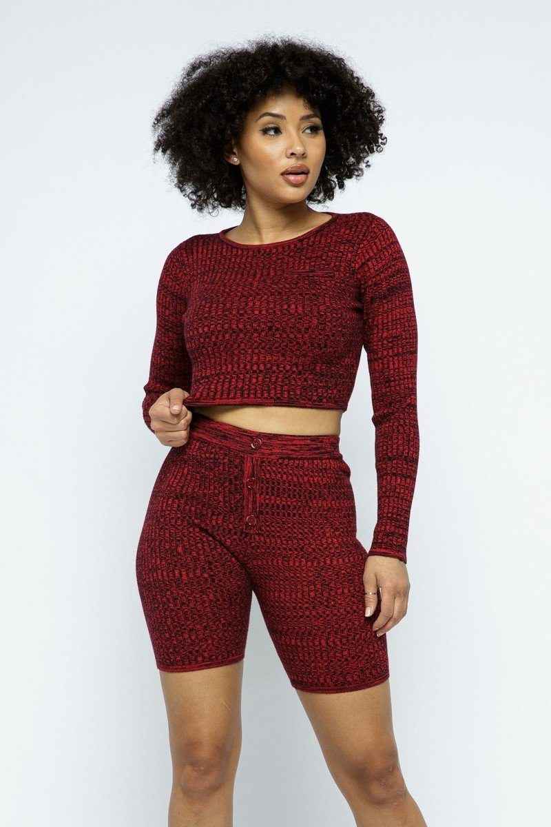 Sale - Knit Long Sleeve Cropped Top Knit High-waist Biker Shorts Set – On Sale Now