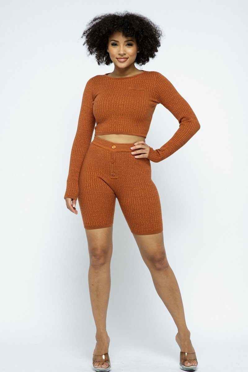 Sale - Knit Long Sleeve Cropped Top Knit High-waist Biker Shorts Set – On Sale Now
