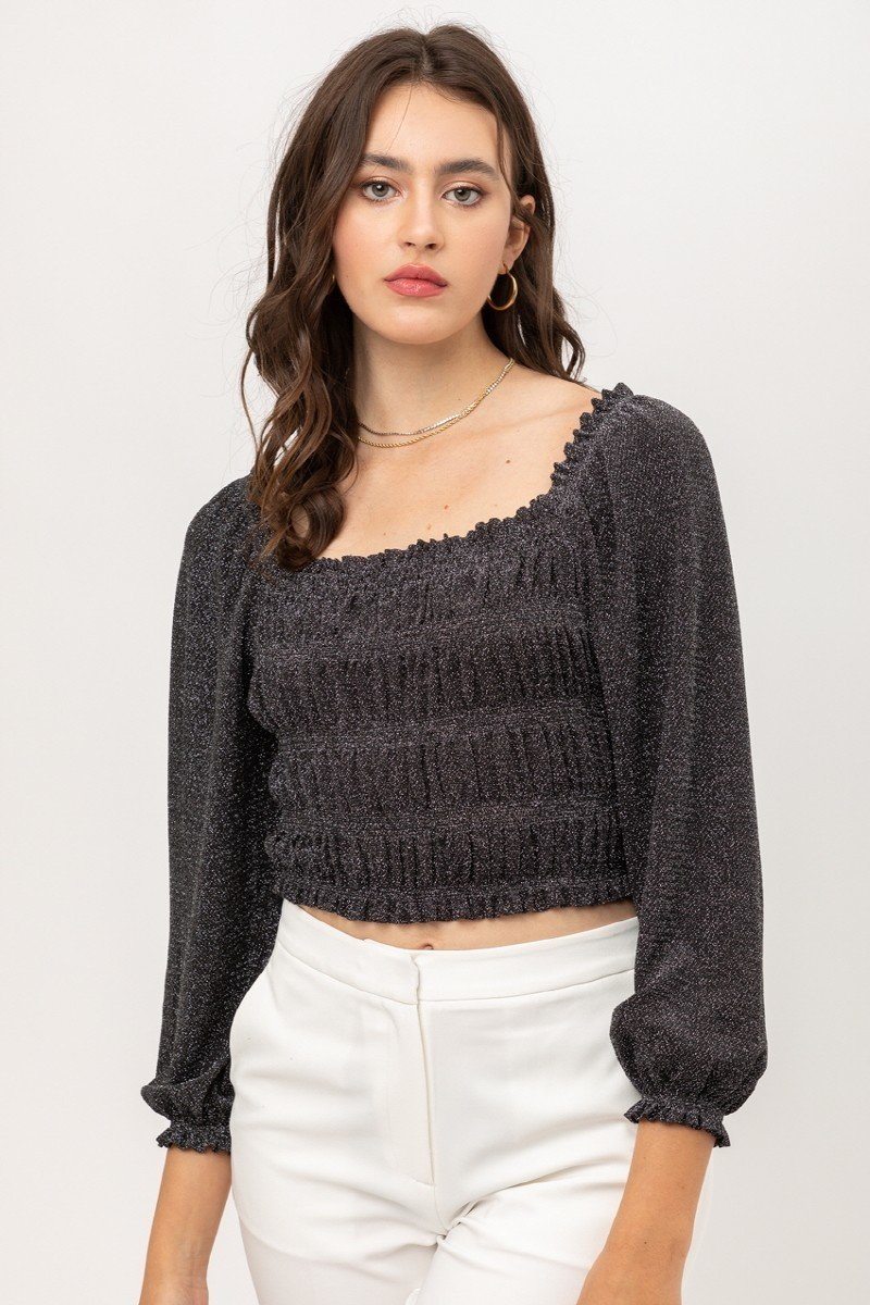 Sale - Metallic Fabric With Crop Smocked Top And Square Neck – On Sale Now