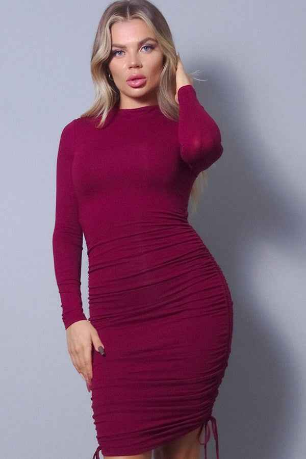 Sale - Sexy Long Sleeve Mock Neck Side Or Twist Ruching Dress – On Sale Now