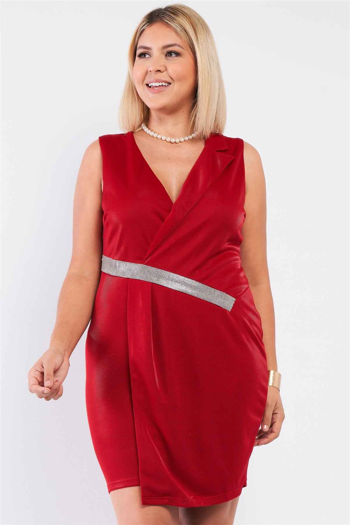 Plus Size Sleeveless V-neck Asymmetrical Wrap Rhinestones Detail Fitted Mini Blazer Dress β Stylish & Comfortable β menβs fashion, stylish and versatile