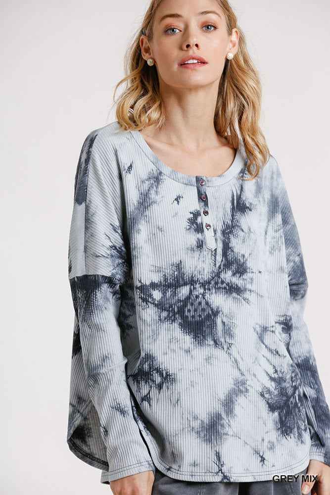 Sale - Tie Dye Round Neck Ribbed Button Front Top With Round Hem – On Sale Now