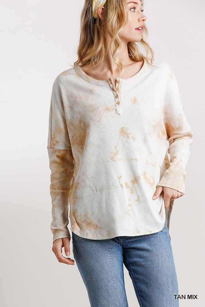 Sale - Tie Dye Round Neck Ribbed Button Front Top With Round Hem – On Sale Now