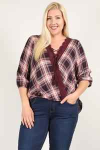 Plus Size Plaid 3/4 Sleeve Top With Hi-lo Hem, V-neckline, And Relaxed Fit β Stylish & Comfortable β menβs fashion, stylish and versatile